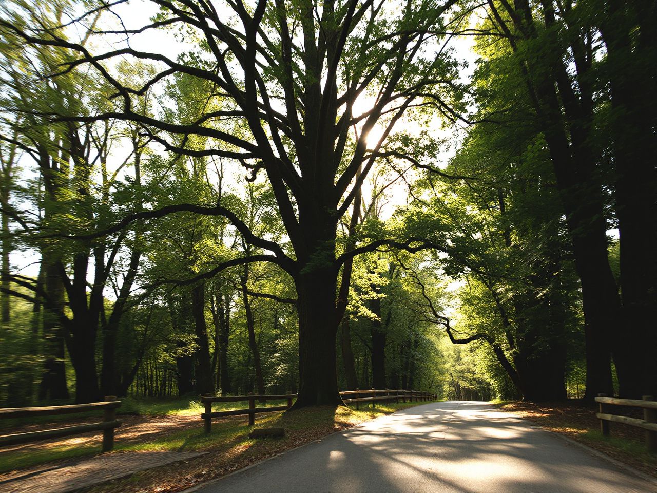 Sunlight filters through tall oak trees along a quiet forest trail in a Missouri state park