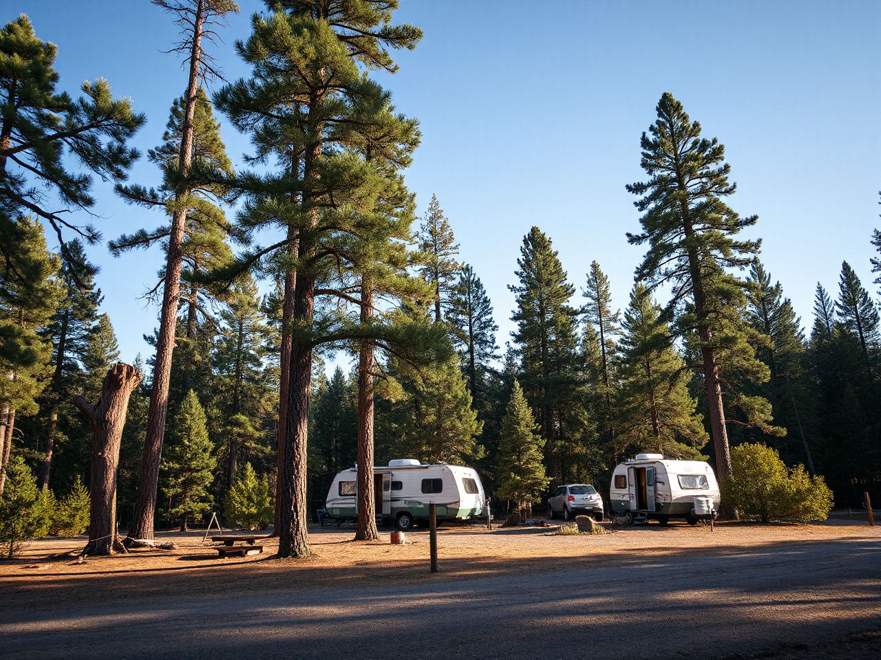 A serene BLM campsite nestled among tall pine trees with a clear blue sky overhead
