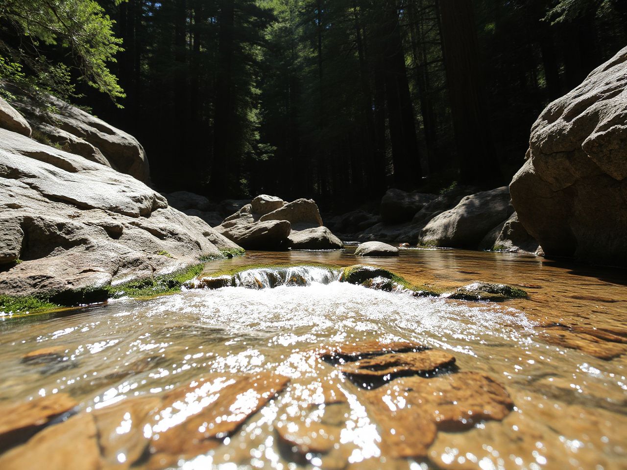 A natural freshwater stream flowing gently through a rocky forest clearing under bright sunlight
