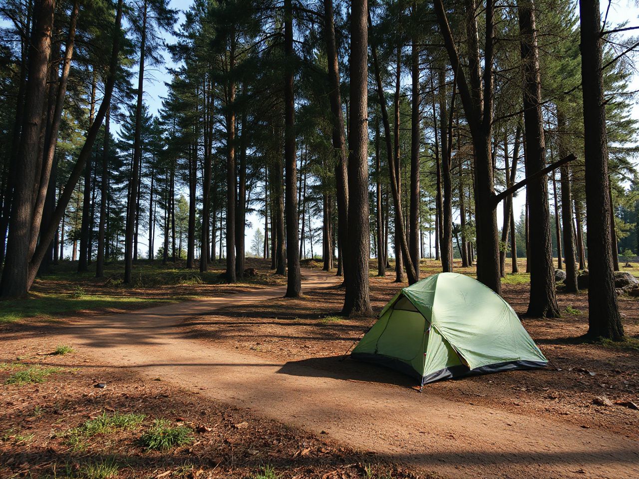 A serene forest clearing with a small tent pitched beside a winding dirt trail under tall pine trees