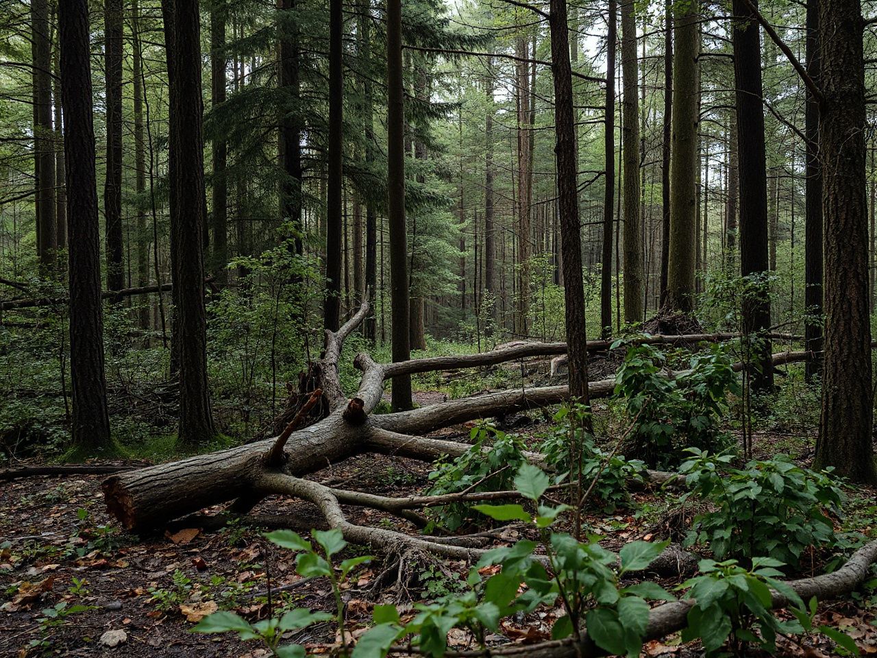 A dense forest with thick underbrush and fallen branches, illustrating areas where camping is prohibited