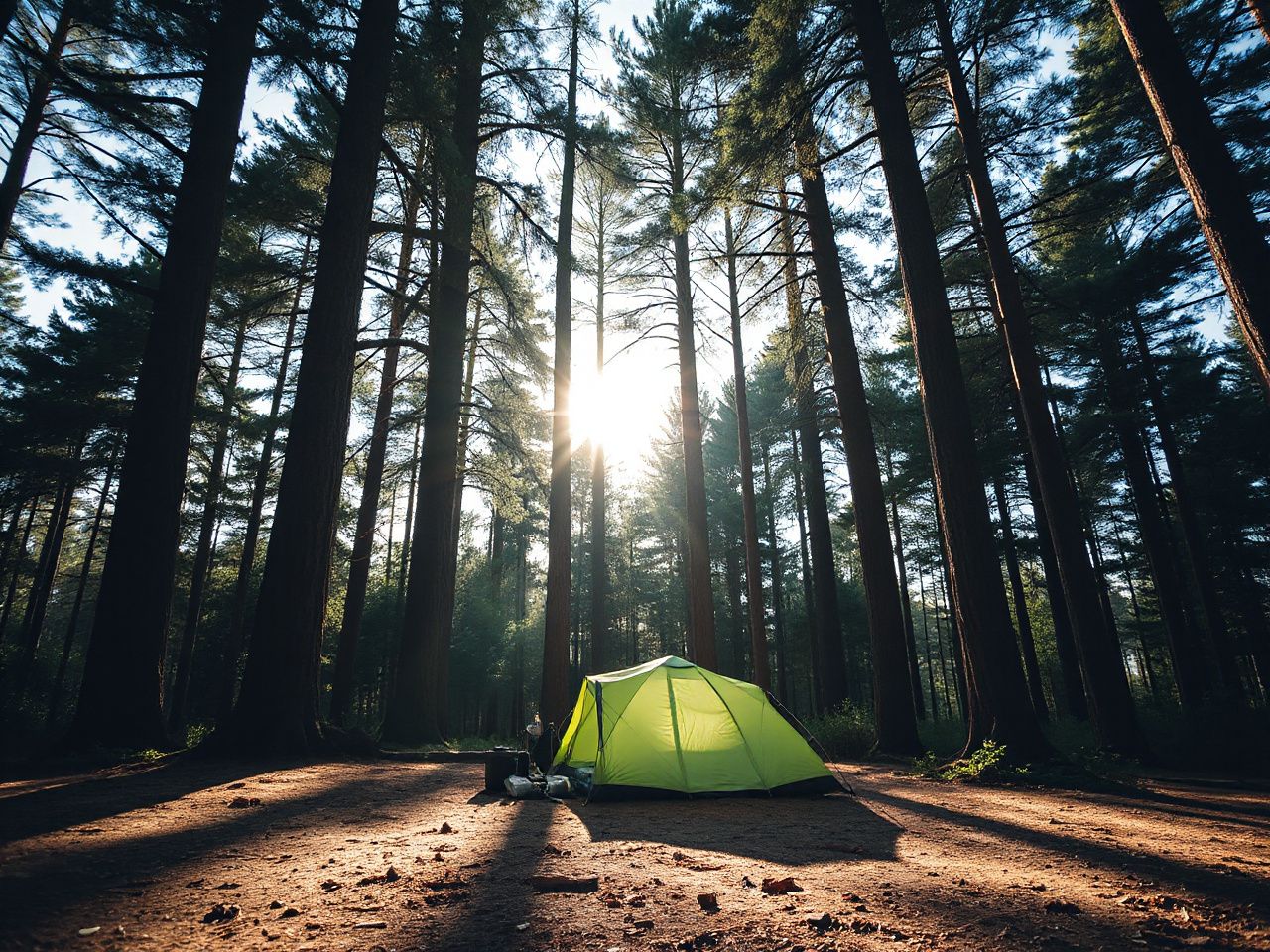 Sunlight filters through tall pine trees over a quiet forest campsite with a simple tent setup