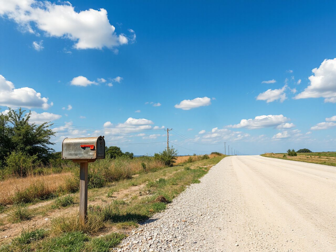A quiet rural mailbox beside a gravel road under a bright blue sky with scattered clouds