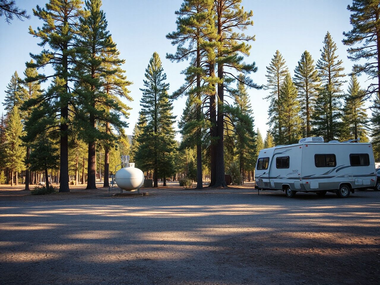 A sunny campground clearing with a parked RV near tall pine trees and a propane tank in view