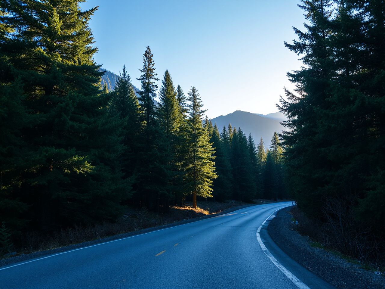 Sunlit mountain road winding through dense pine forest under a clear blue sky