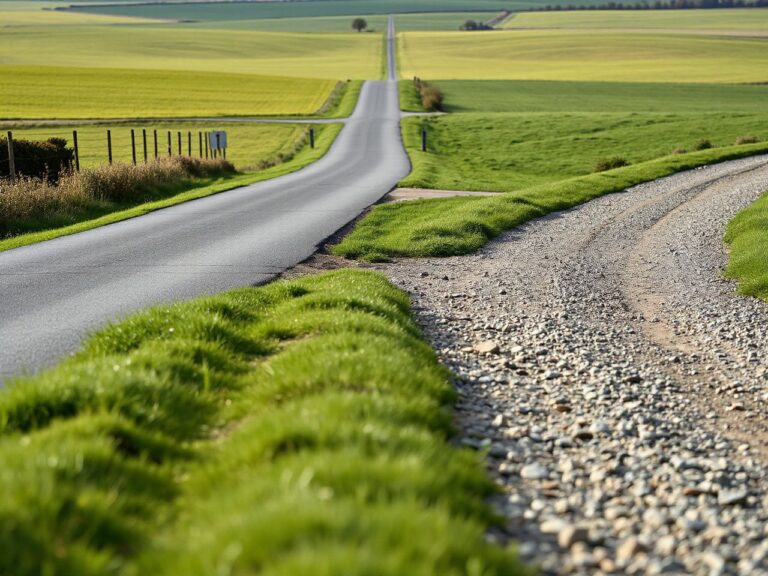 A paved country road and a gravel track splitting apart through green farmland