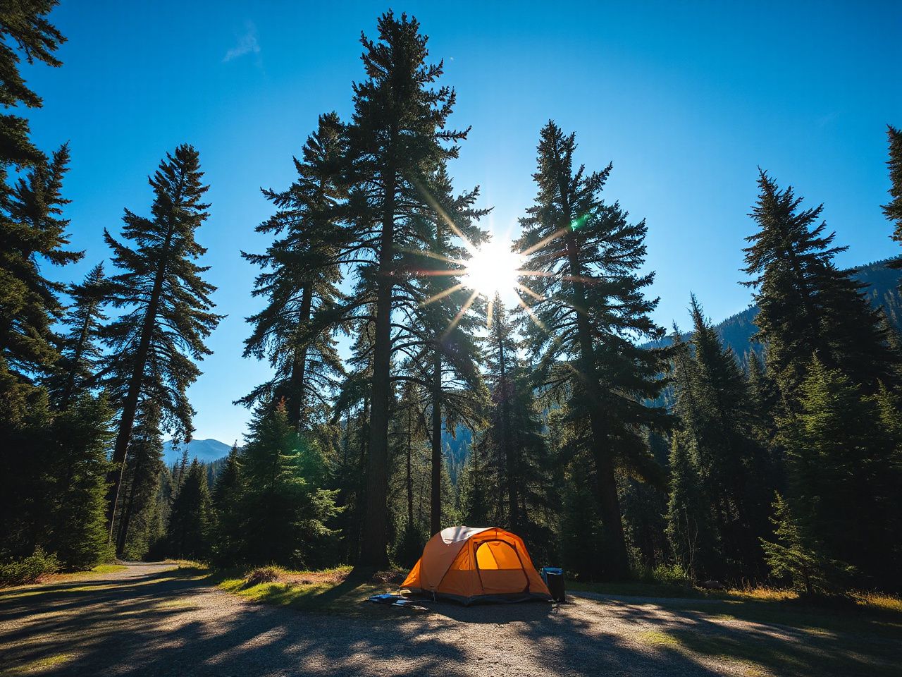 Sunlit campsite nestled among towering pine trees with a clear blue sky overhead in the Great Smoky Mountains