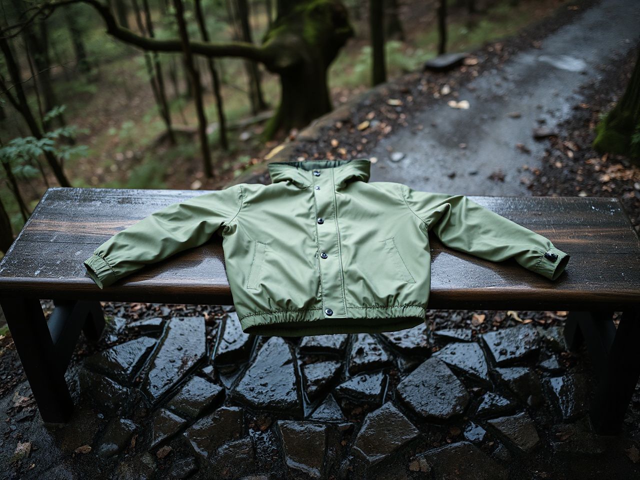 green rain jacket, clothing