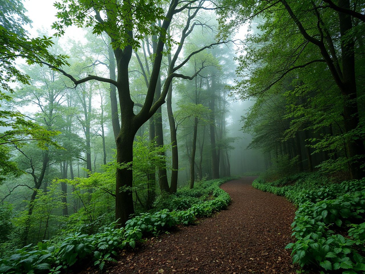 A misty forest trail with lush green foliage blending seamlessly into the overcast sky