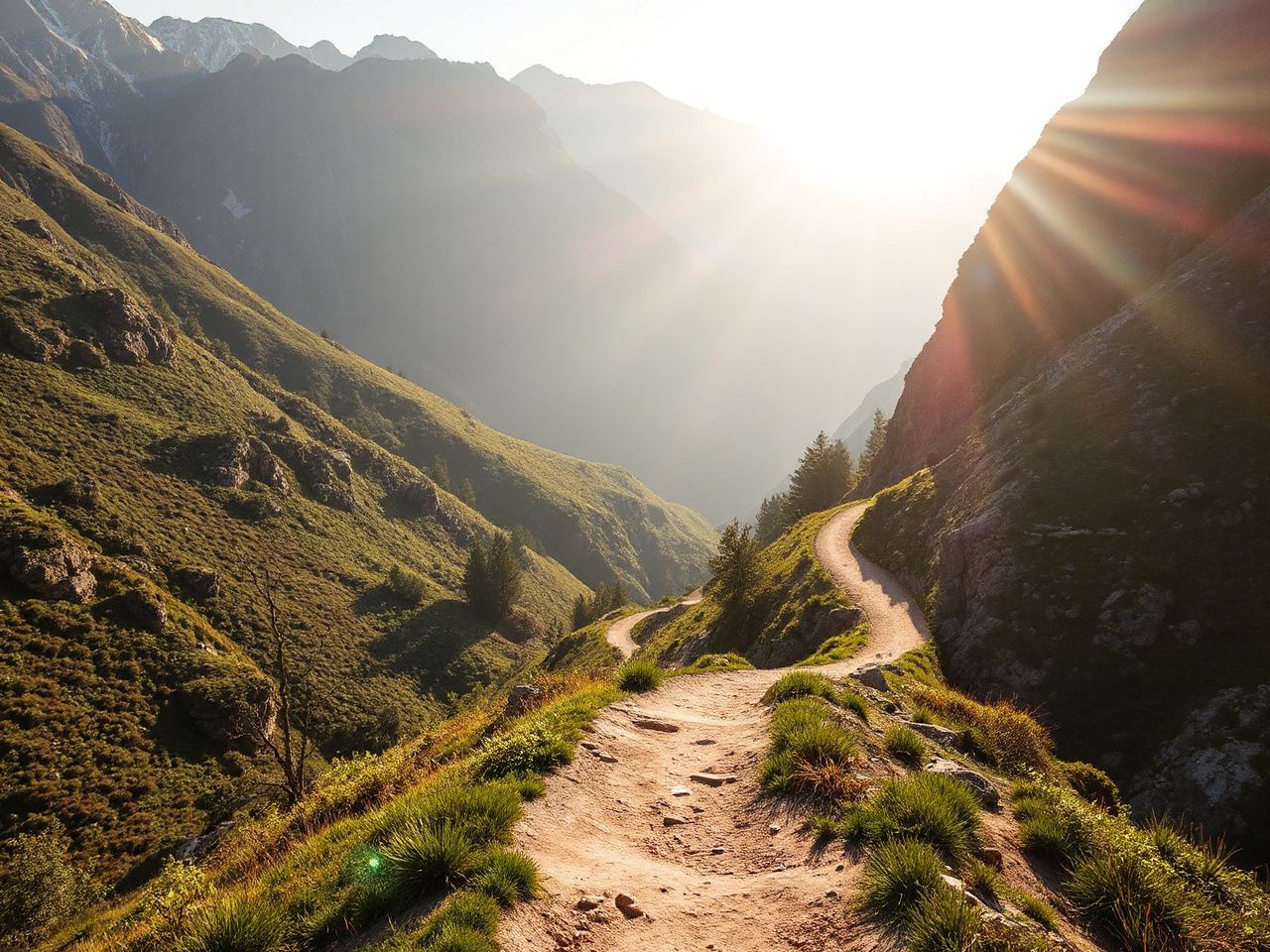 A winding mountain trail bathed in morning light, symbolizing the journey through challenges and growth