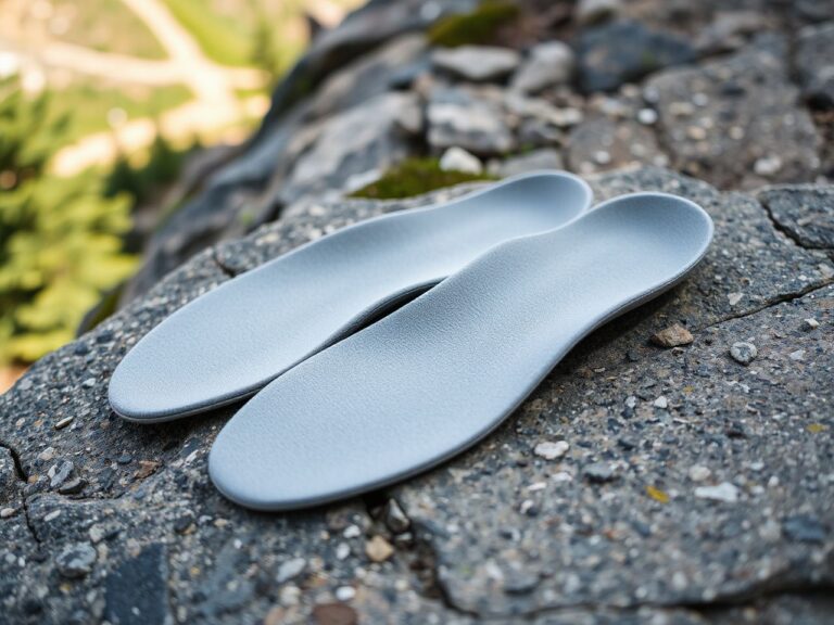 A pair of plain grey foam shoe insoles lying on a flat granite rock beside a hiking trail