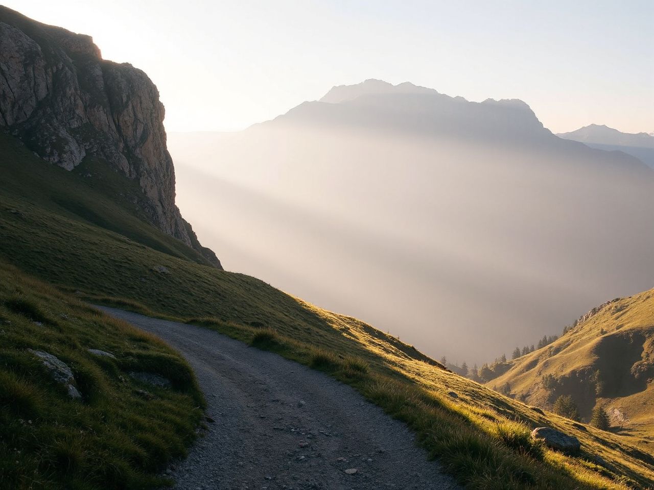 A winding mountain trail bathed in morning light, illustrating natural curves and depth perception