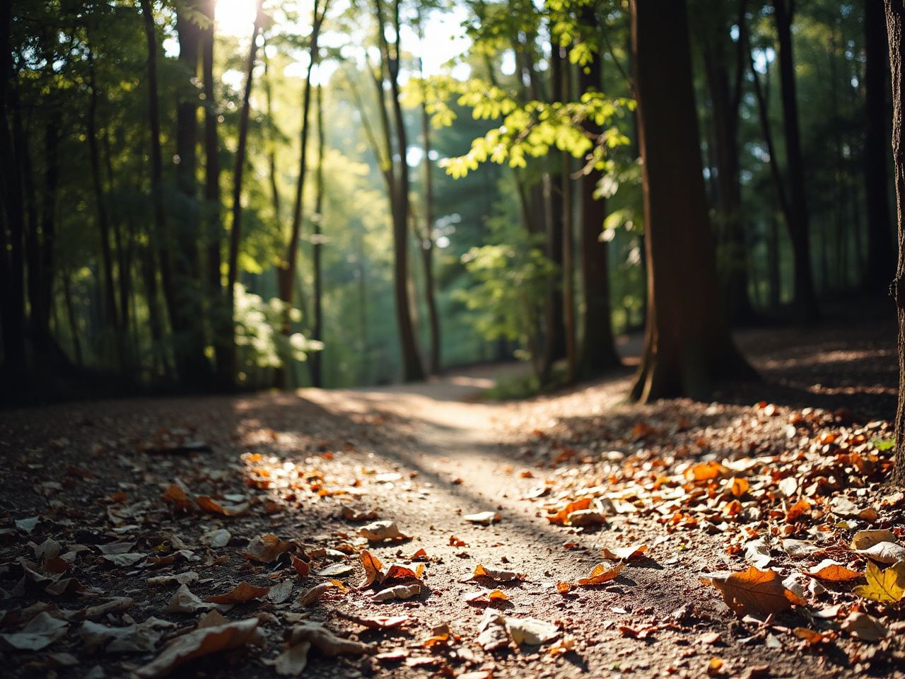 A sunlit forest path with soft leaf litter, evoking the gradual adjustment to new outdoor terrain