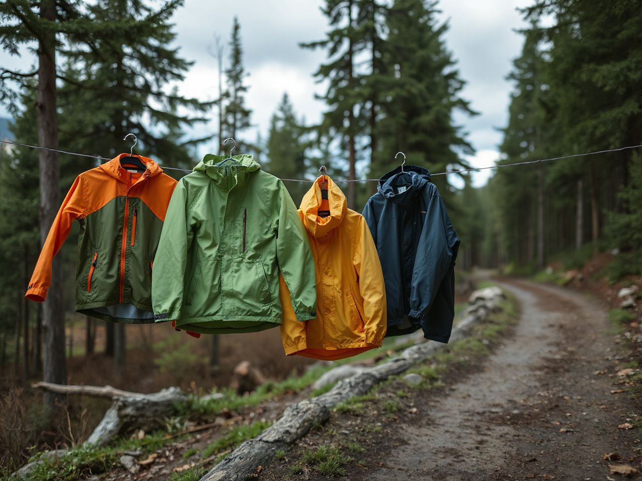 Brightly colored rain jackets hanging on a clothesline beside a forest trail under cloudy skies