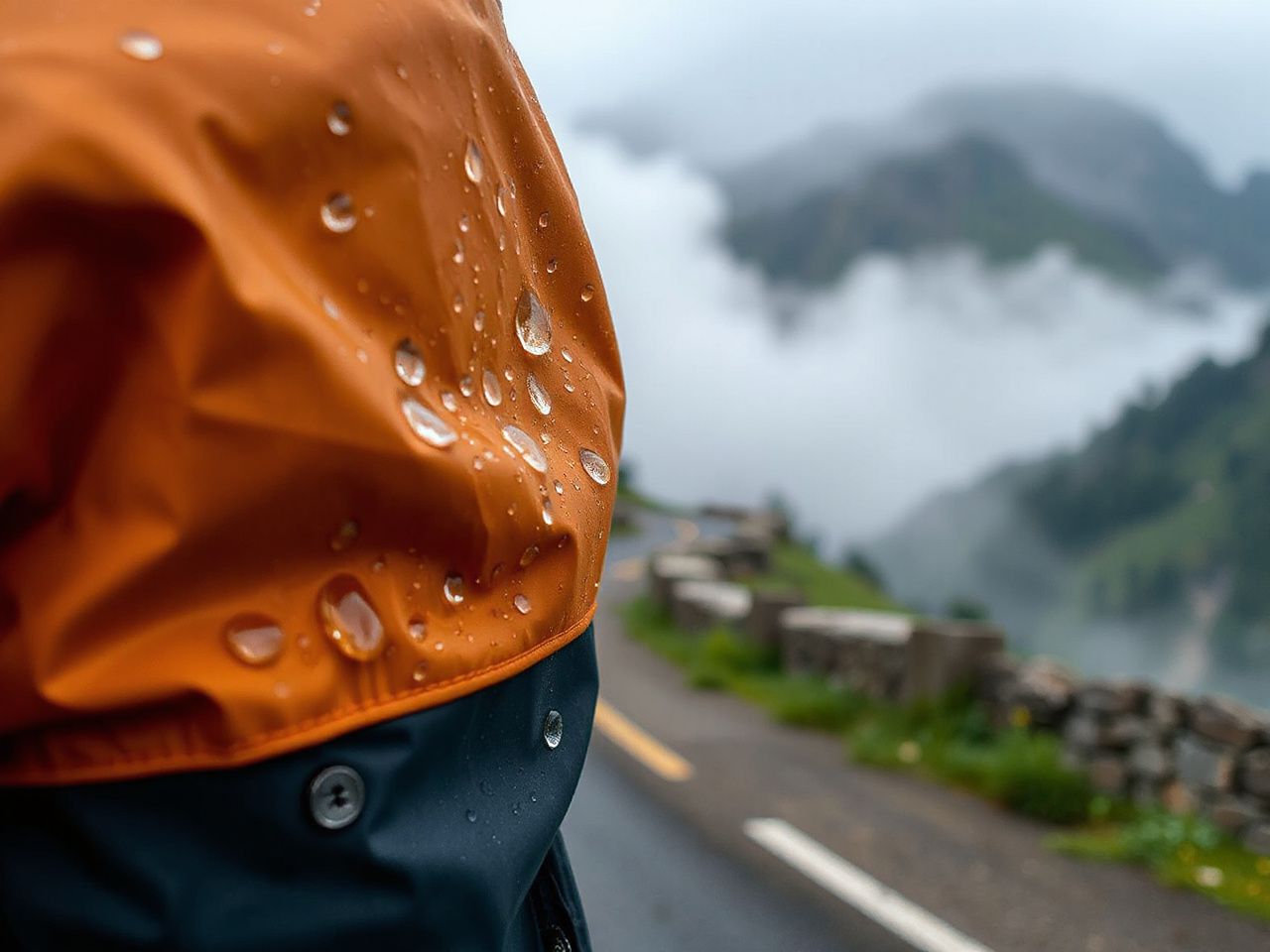 Close-up of raindrops beading on a waterproof jacket sleeve with a misty mountain road in the background