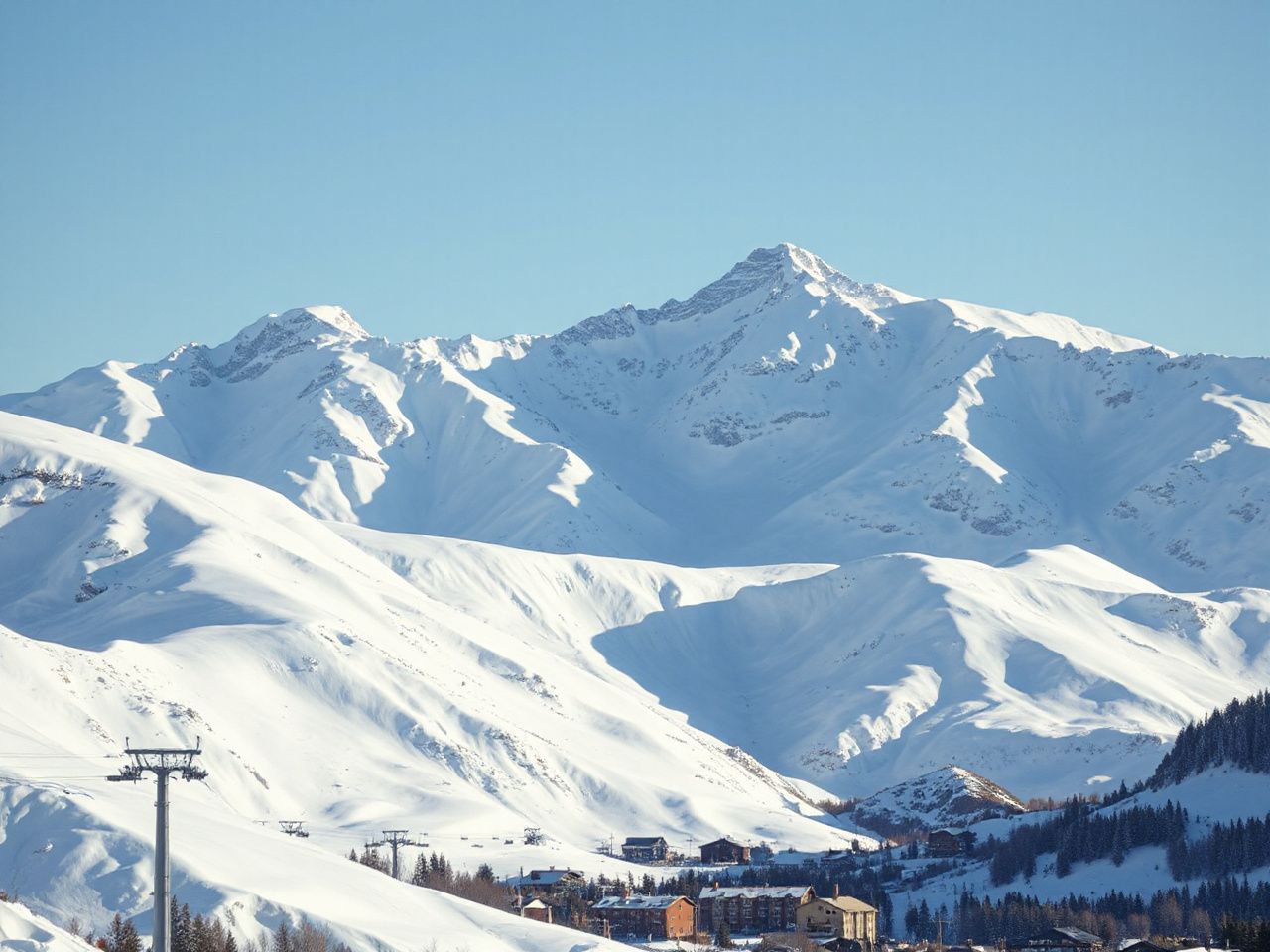 Snow-covered mountain peaks with ski lifts ascending above a bustling alpine village under clear blue skies