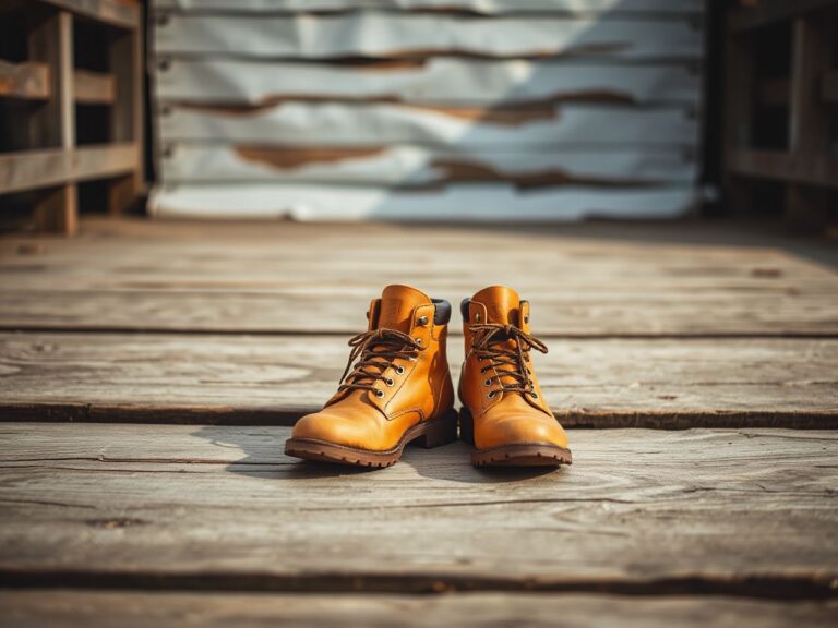 Two plain tan leather hiking boots standing side by side on weathered wooden planks