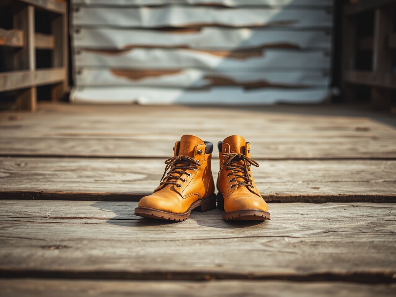 Two plain tan leather hiking boots standing side by side on weathered wooden planks