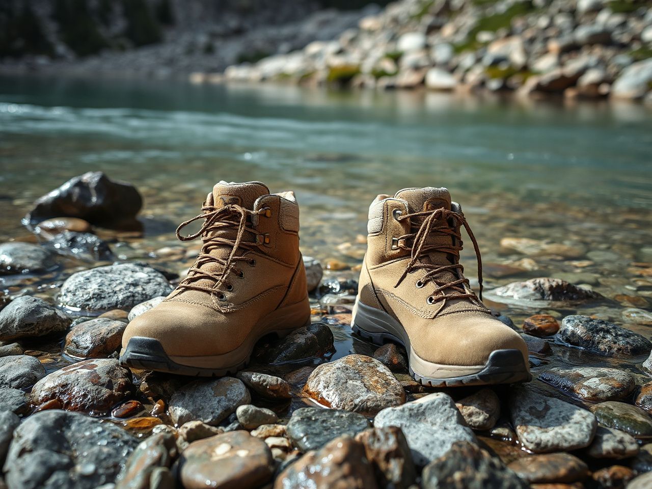 A pair of plain hiking boots on wet stones at the edge of a clear mountain stream