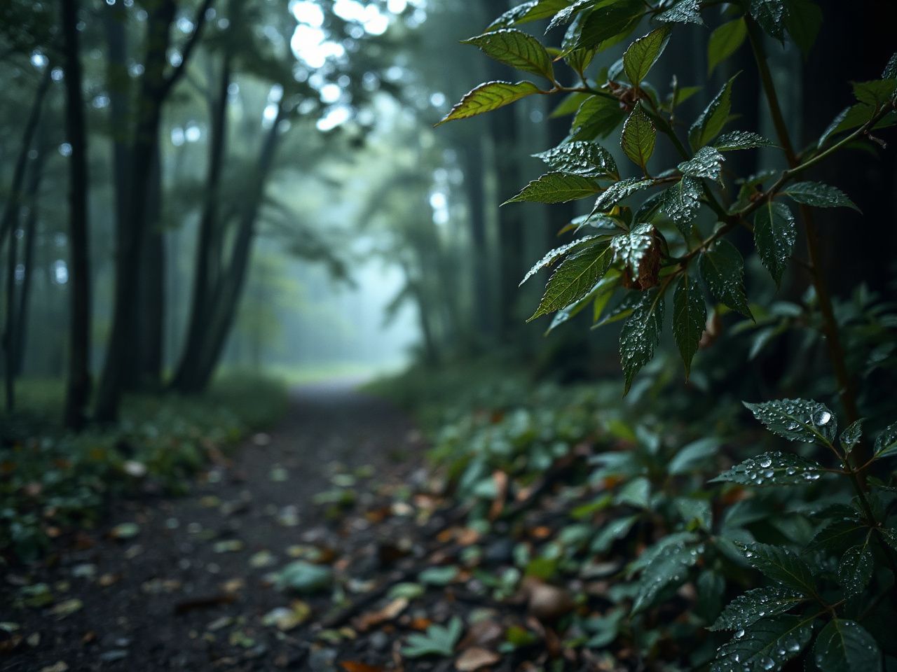 Close-up of a misty forest trail with dew-covered leaves highlighting natural moisture and air flow