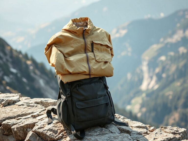 A folded plain hiking jacket and trousers stacked on top of a backpack on a rocky mountain ledge