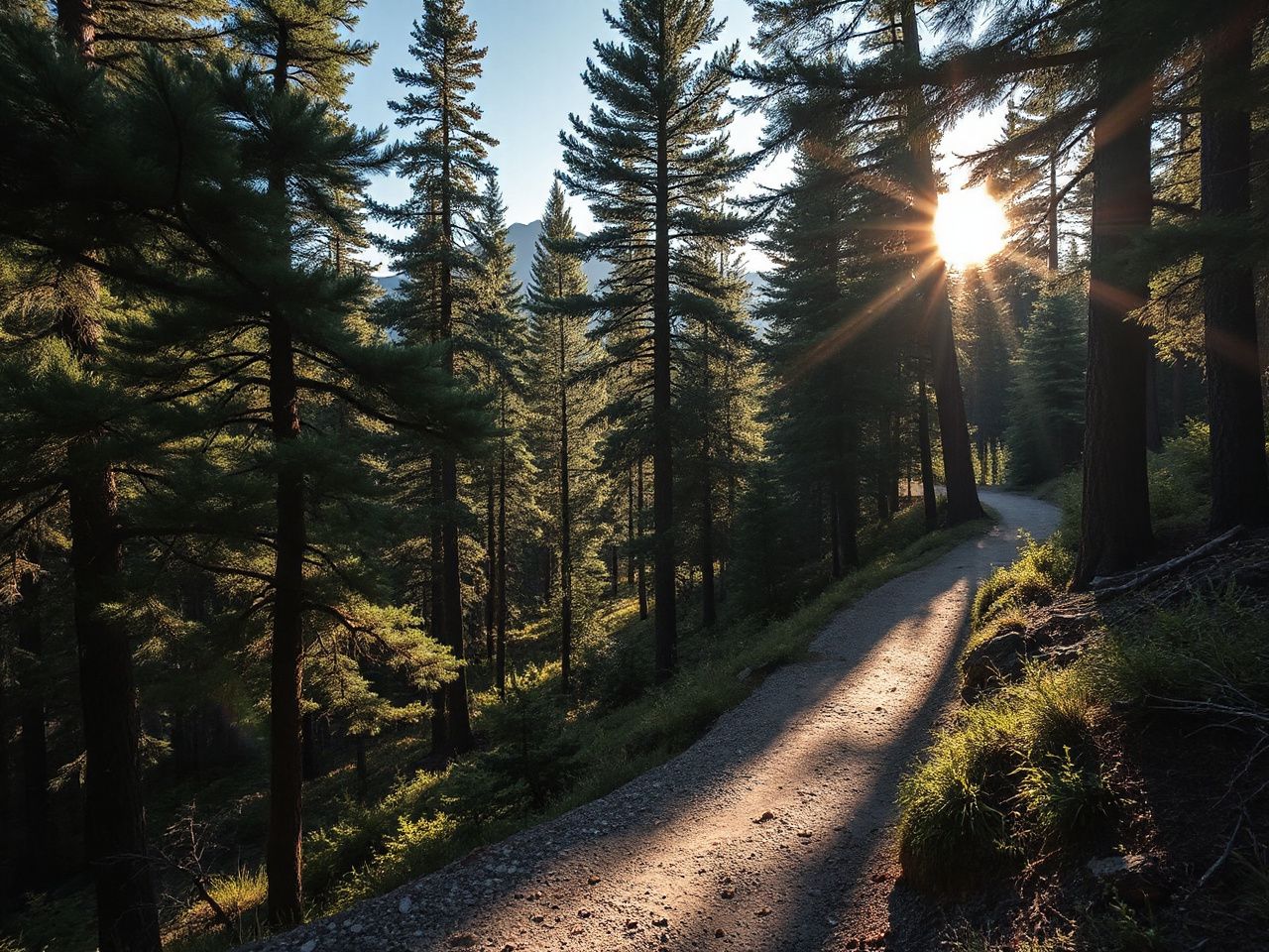 Sunlit mountain trail winding through dense pine forest, showcasing natural textures ideal for hiking apparel discussion