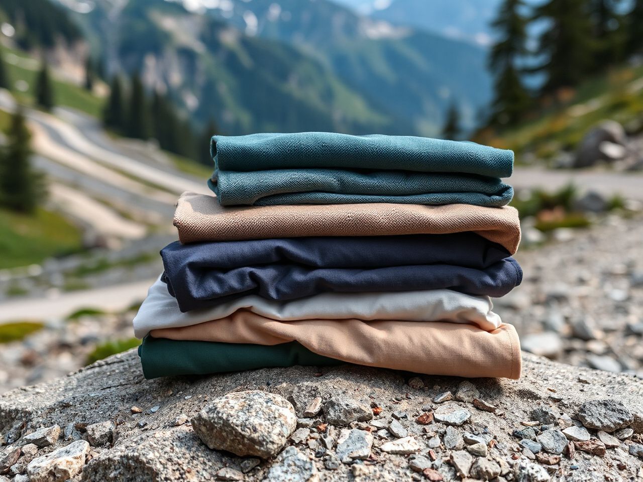 A neatly folded stack of plain hiking shirts and trousers on a flat rock beside a mountain trail