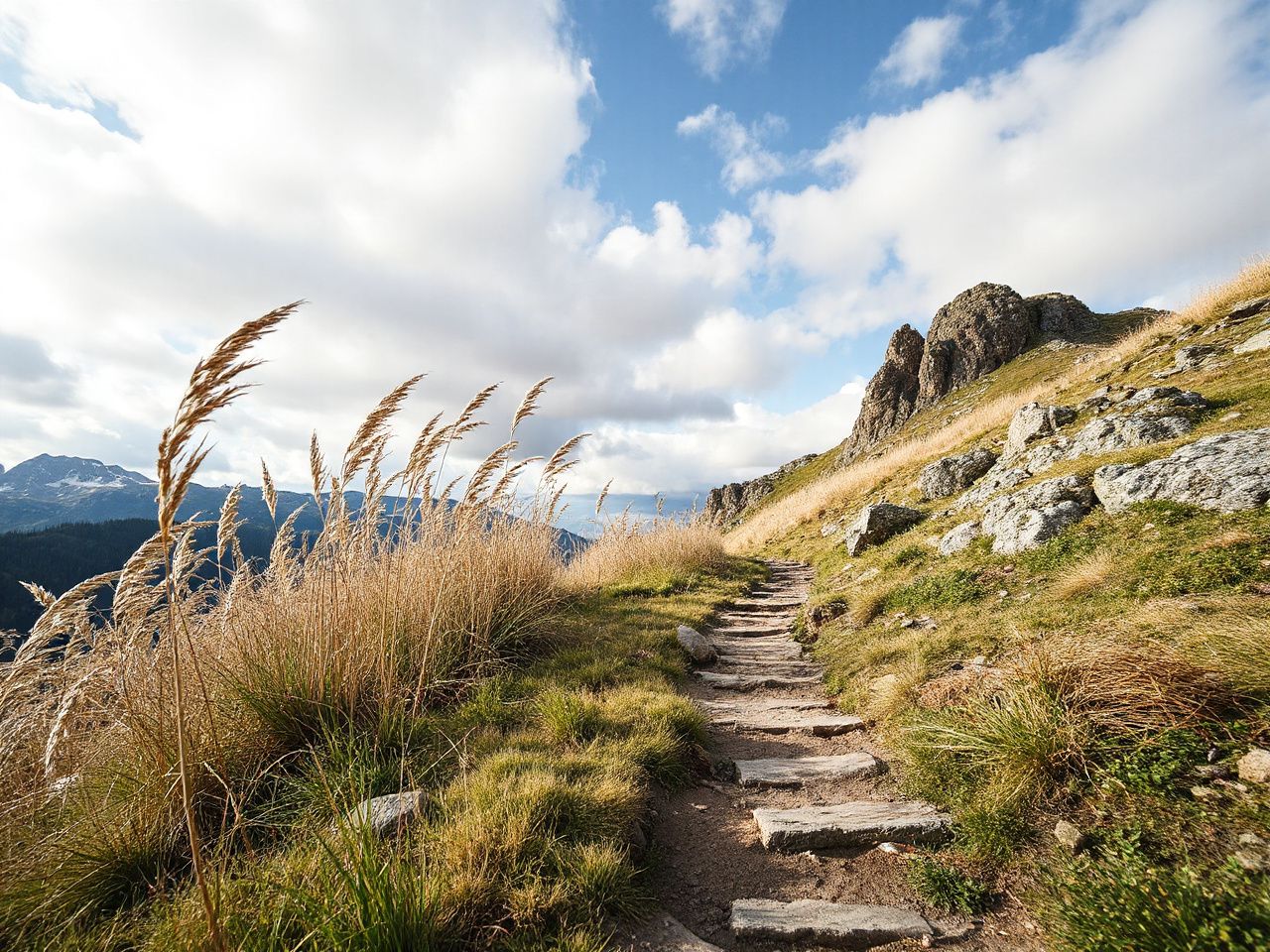 A rugged mountain trail with gusts of wind bending tall grass under a cloudy sky