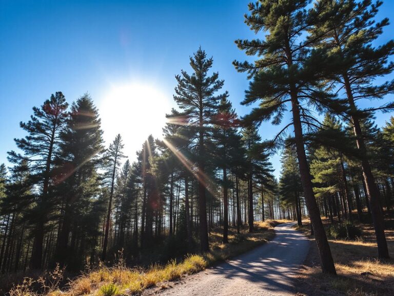 Sunlit forest trail winding through tall pine trees under a clear blue sky on a crisp morning