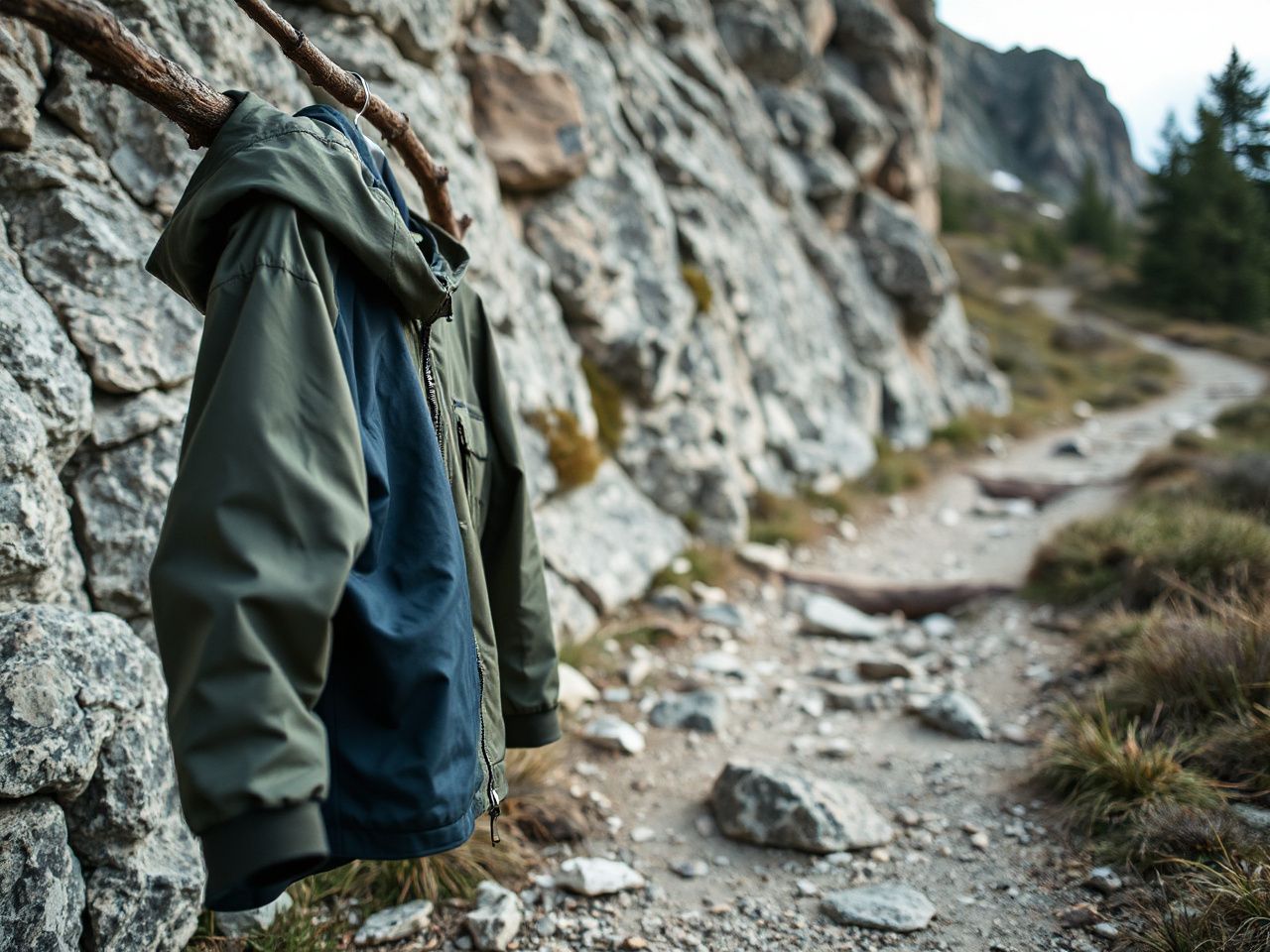 Close-up of layered hiking clothes hanging on a branch beside a rocky mountain path