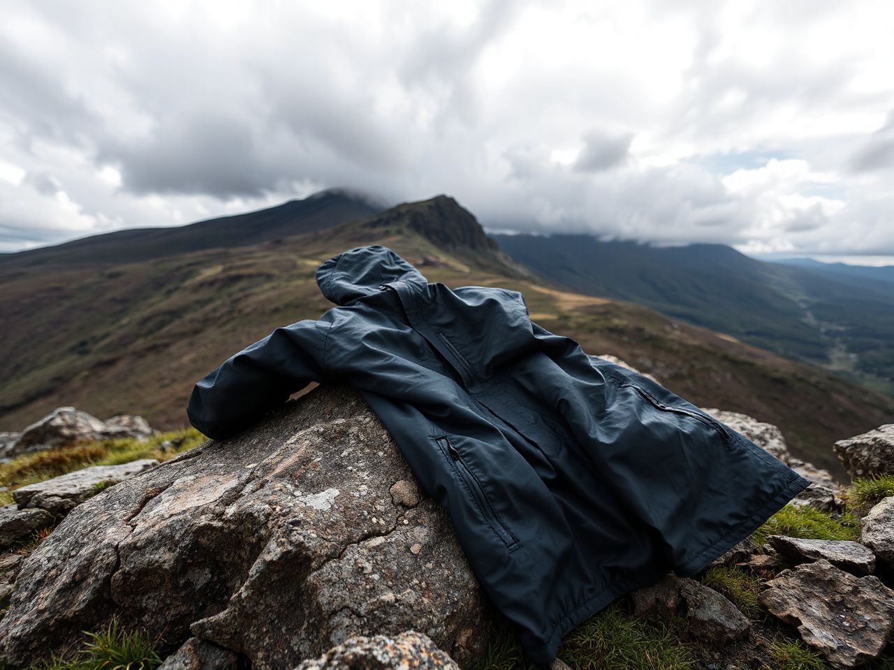 Wind-swept ridge with dark clouds gathering above, showcasing a sturdy waterproof jacket draped over a rock