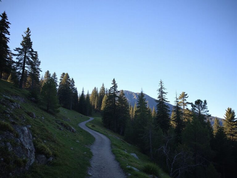Sunlit mountain trail winding through dense pine forest under a clear blue sky
