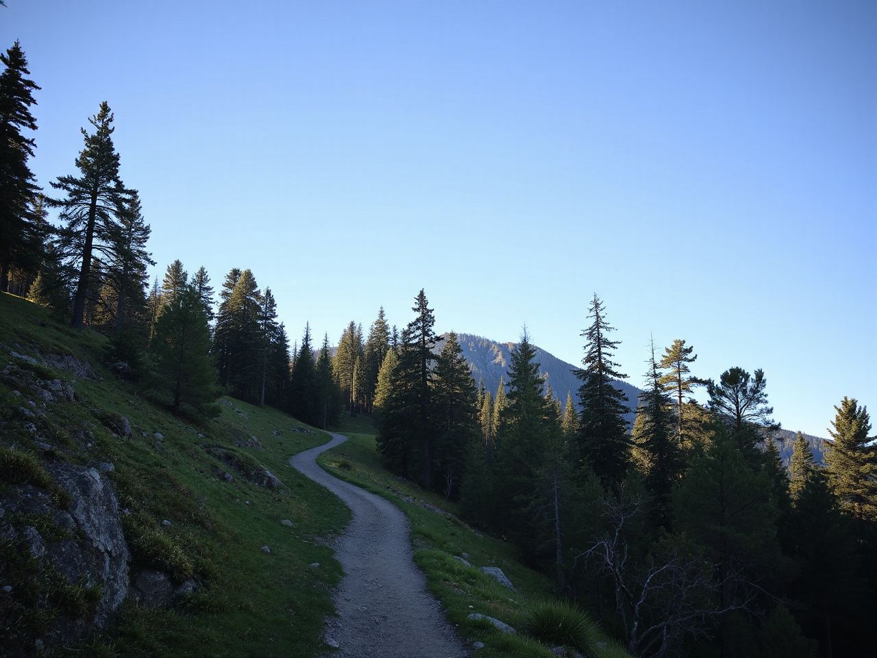 Sunlit mountain trail winding through dense pine forest under a clear blue sky