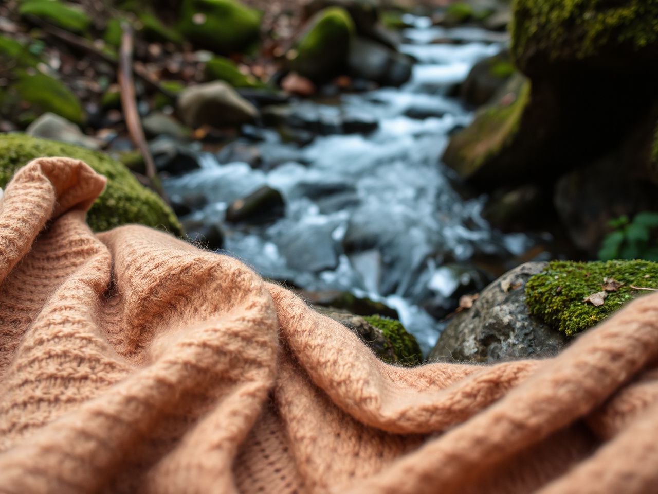 Close-up of soft wool fabric draped over mossy rocks beside a bubbling forest stream