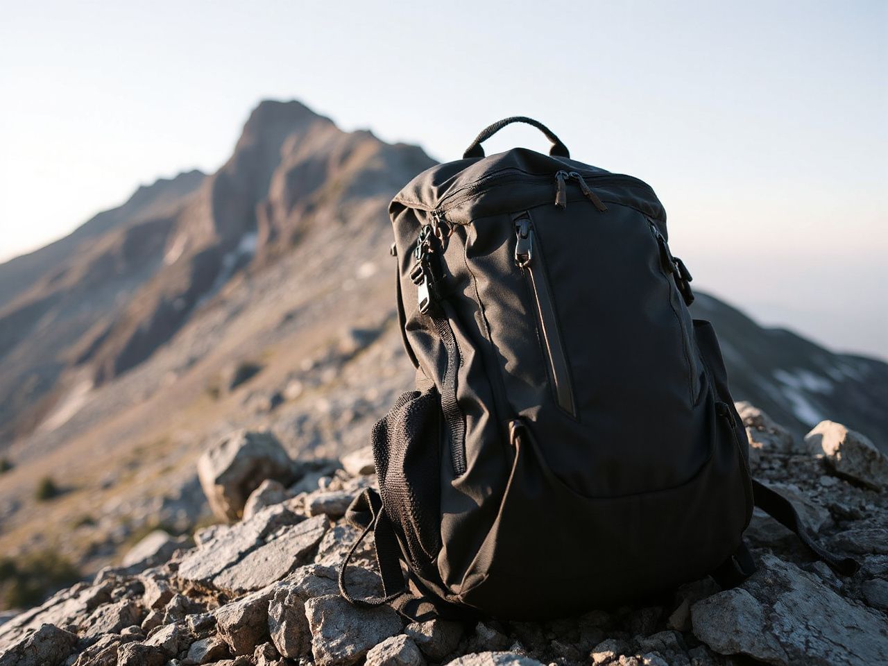 Hiking backpack with visible zippers and drawcords resting on a rocky outcrop near a mountain ridge