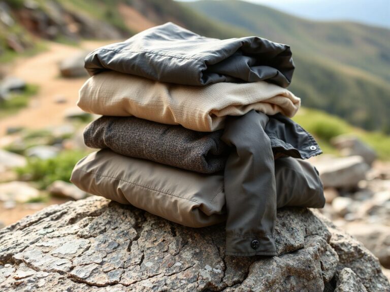 Three plain hiking layers, a base layer, a fleece and a shell jacket, folded and stacked on a rock by a trail