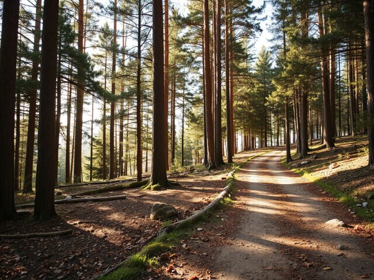 A sunlit forest trail winding through tall pine trees with scattered rocks and fallen leaves on the path
