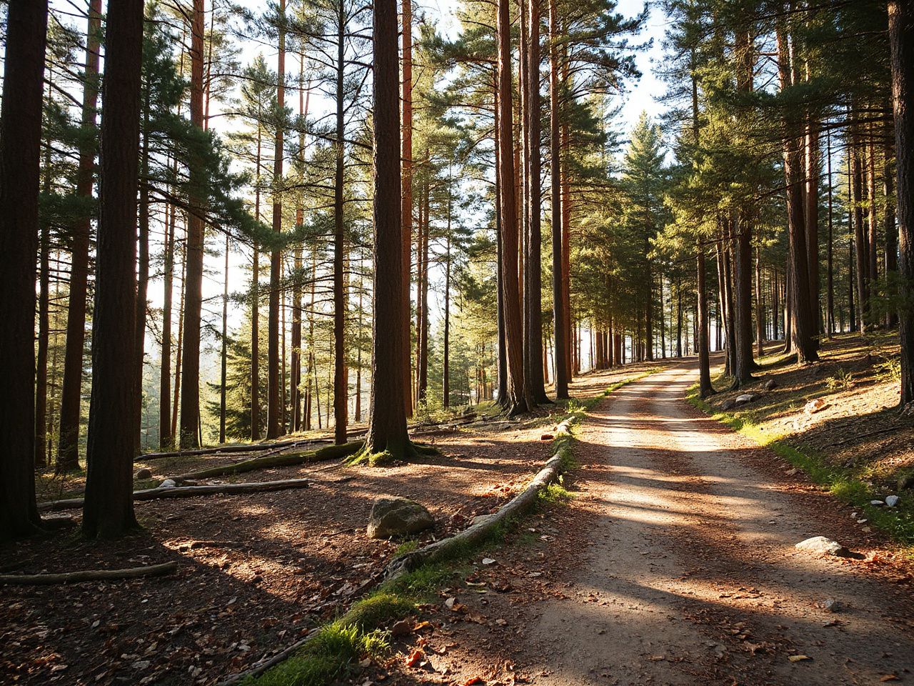 A sunlit forest trail winding through tall pine trees with scattered rocks and fallen leaves on the path