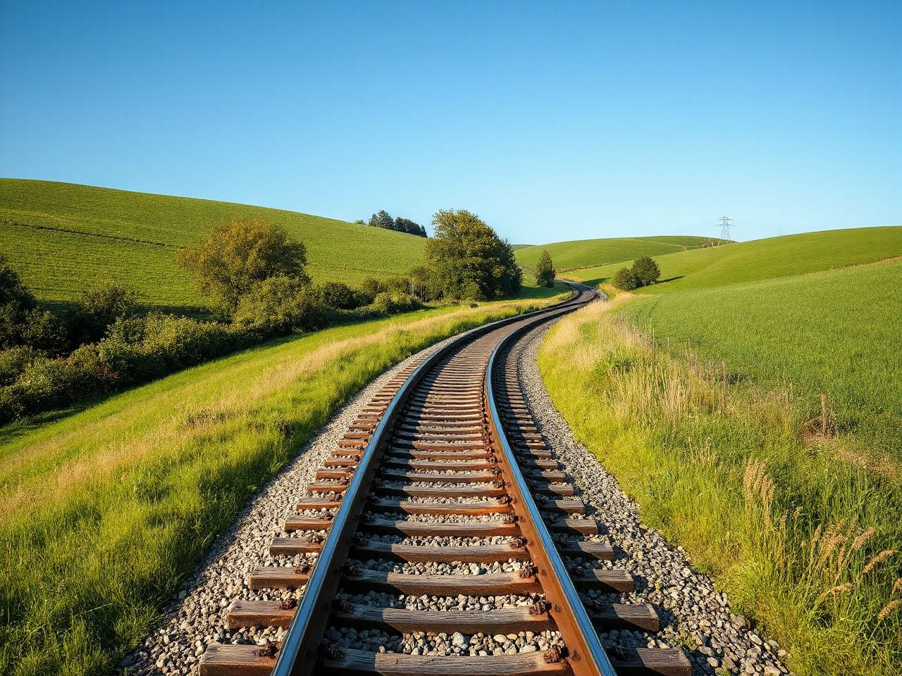 Sunlit countryside railway track winding through lush green fields under a clear blue sky