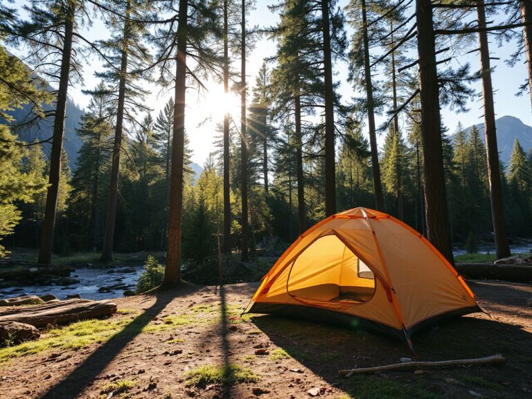 A sunlit forest campsite with a tent pitched near tall pine trees and a clear mountain stream nearby