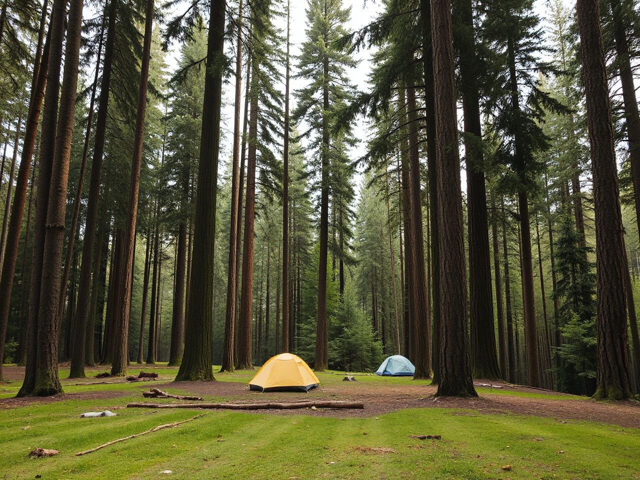 A serene forest campsite near Mount Hood with tall pine trees and a small clearing for tents