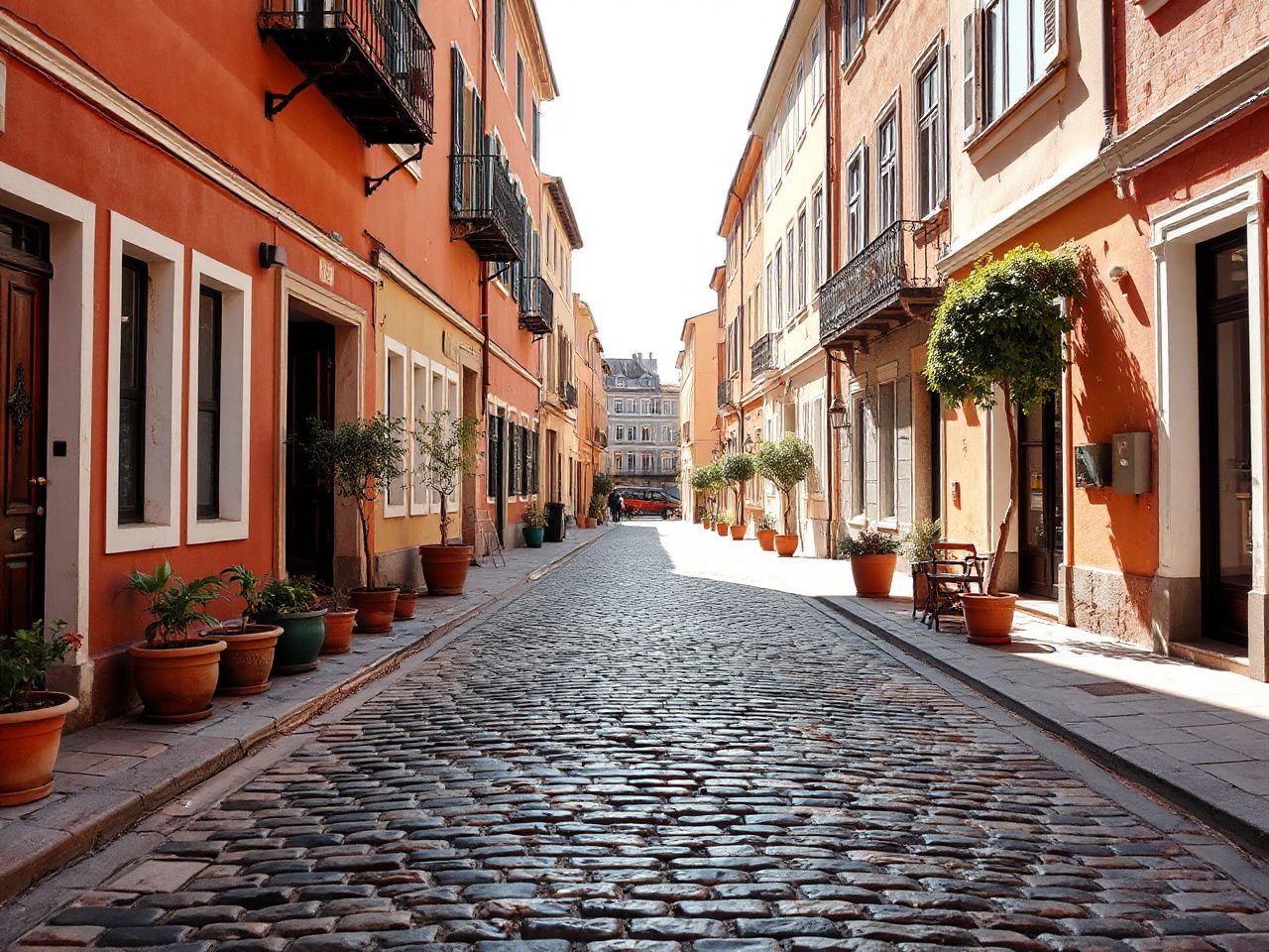 Sunlit cobblestone street lined with colorful buildings and potted plants, inviting solo travelers to explore safely