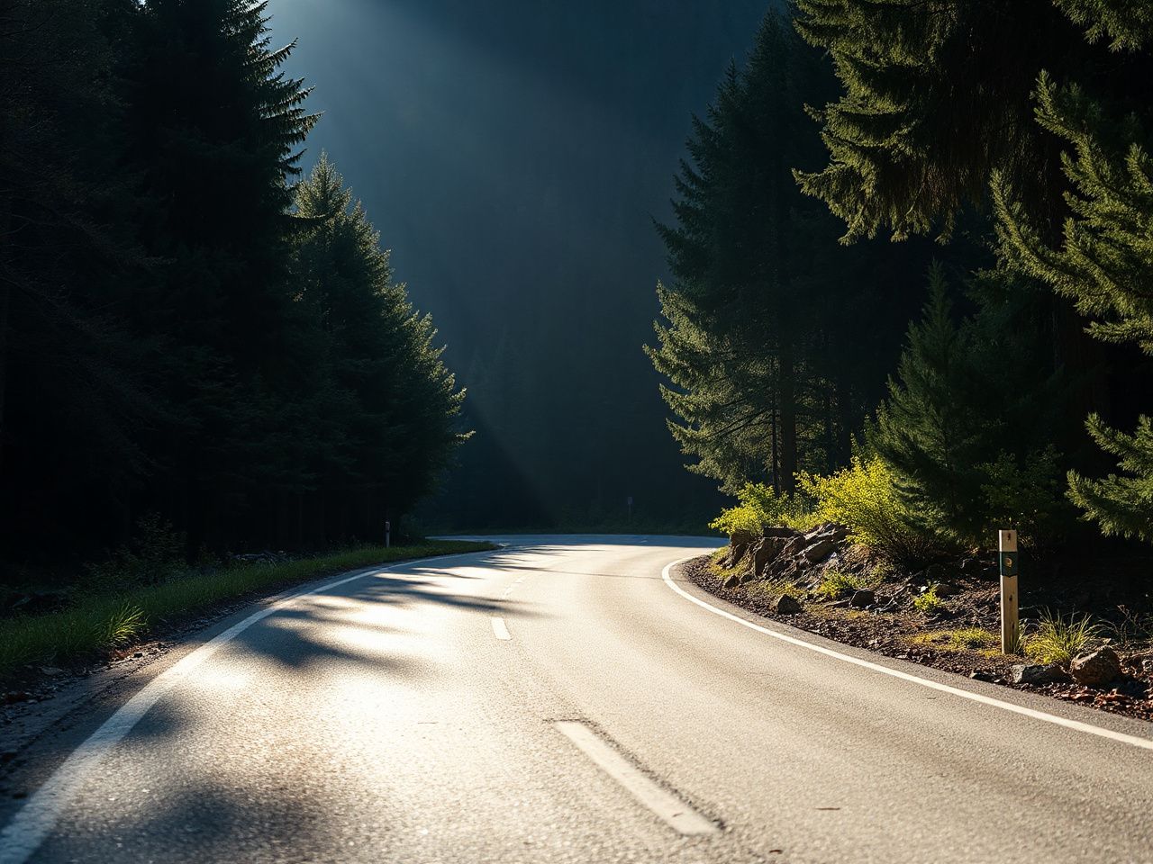 Early morning sunlight casts long shadows on a quiet mountain road winding through dense forest