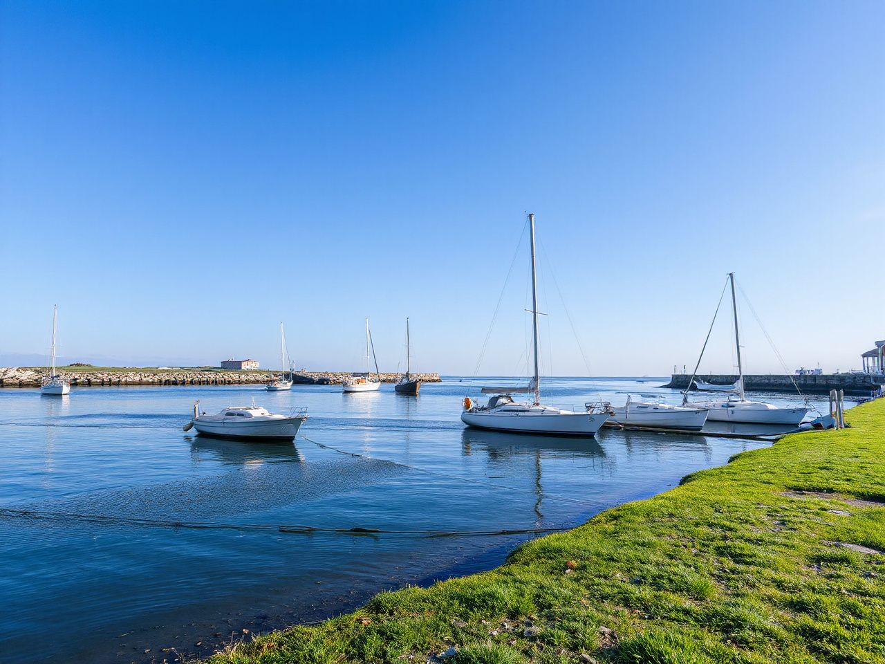A calm harbor with several boats moored, viewed from a grassy shoreline under a clear blue sky