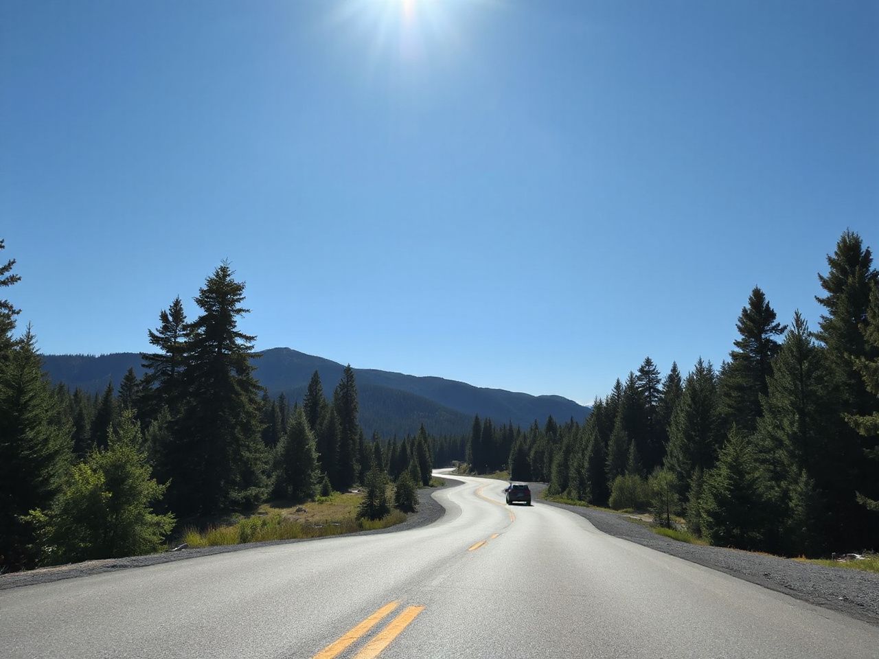 A sunlit mountain road winding through dense pine forests under a clear blue sky