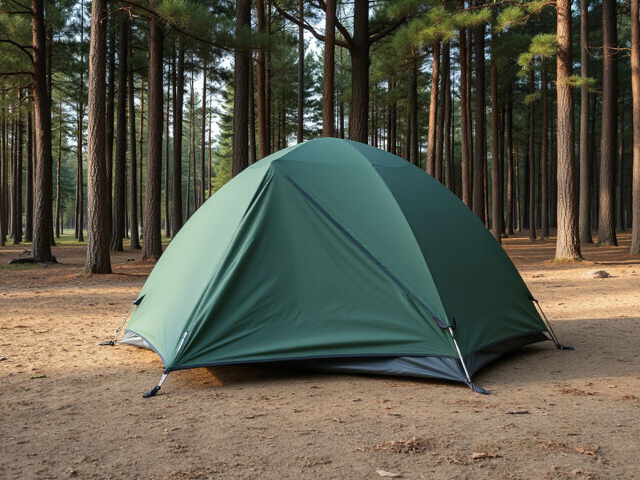 A green dome tent pitched on flat ground in a quiet pine forest clearing