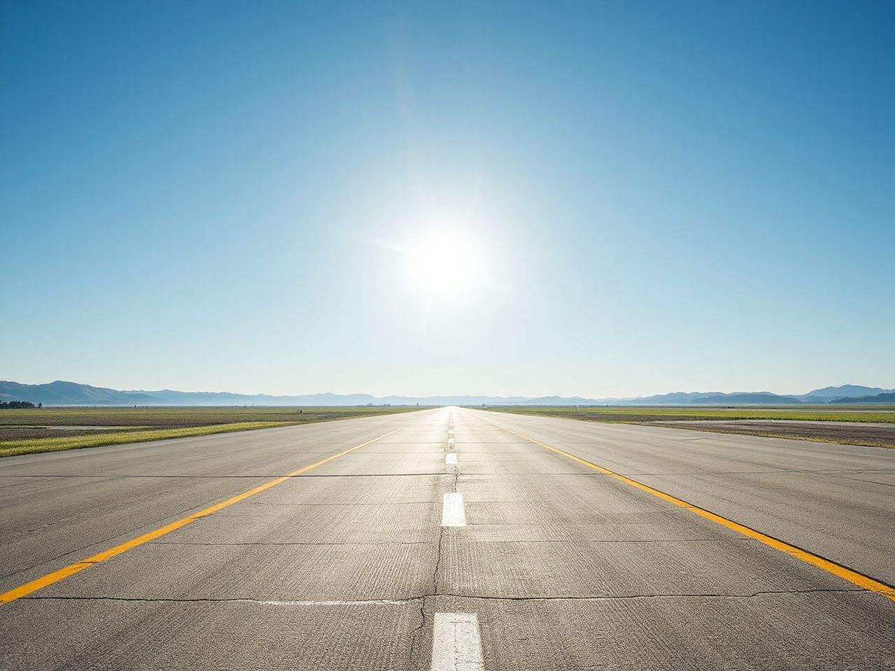 Sunlit airport runway stretching into the distance beneath a clear blue sky, framed by distant hills