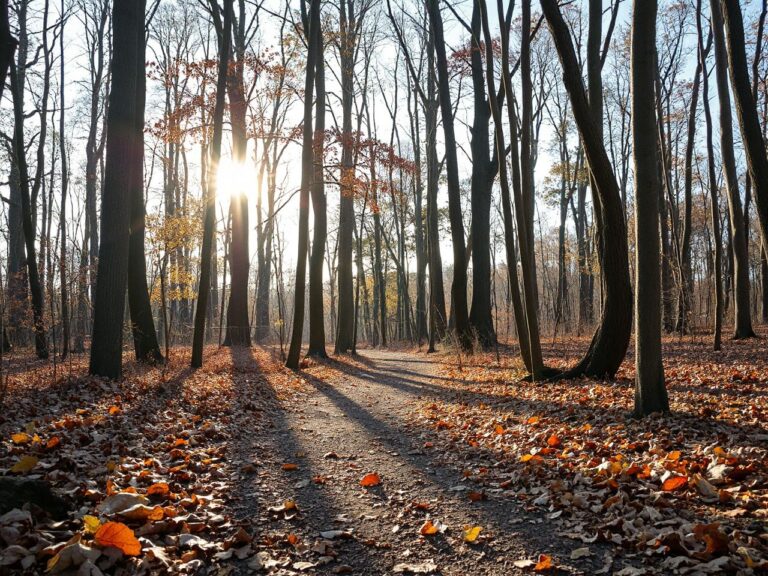 A sunlit forest trail blanketed with fallen leaves, winding gently through tall, bare trees in autumn