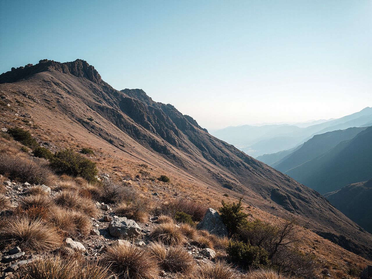 A windswept mountain ridge with sparse vegetation, overlooking a valley under a bright, clear sky