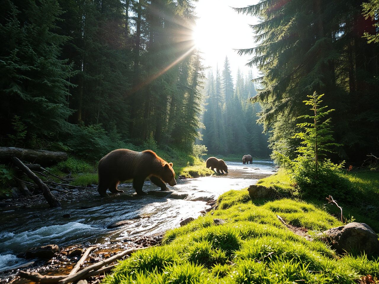 Early morning sun filters through dense forest as a bear quietly forages near a flowing creek